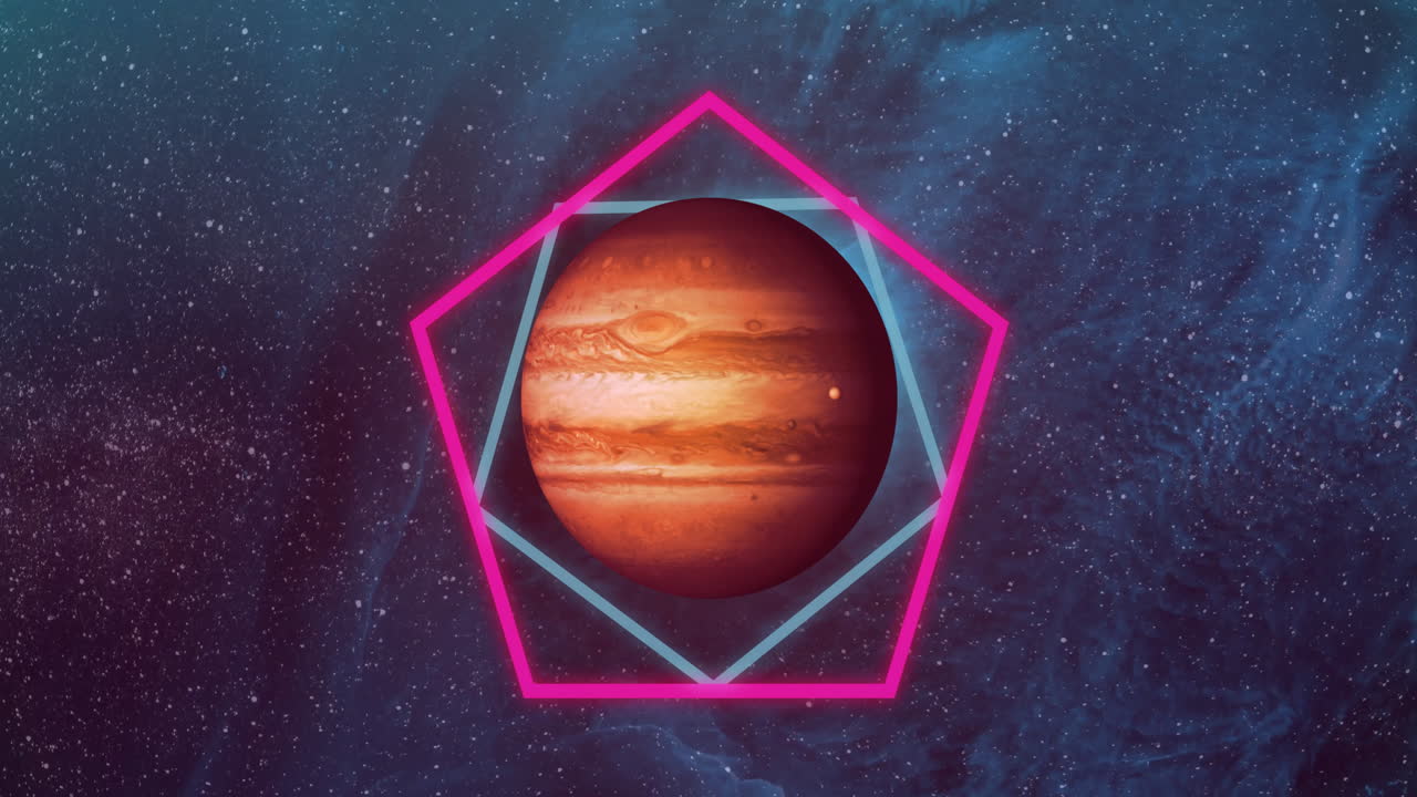 Animation of colourful shapes over planet on sky with stars