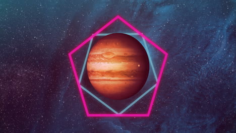 animation of colourful shapes over planet on sky with stars