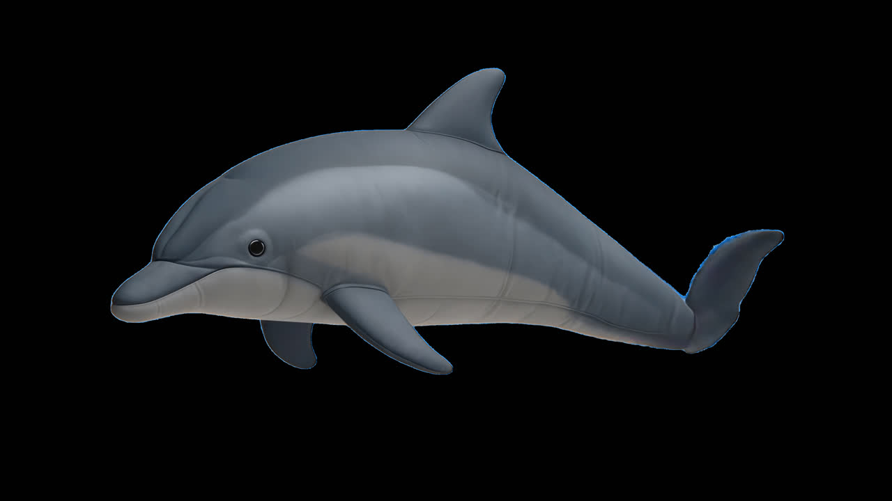 Realistic dolphin toy design animation isolated asset, transparent 4K video, alpha channel, ProRes