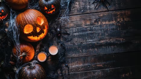 Halloween-Jack-o'-Lanterns-with-Candles-and-Spider-Decorations