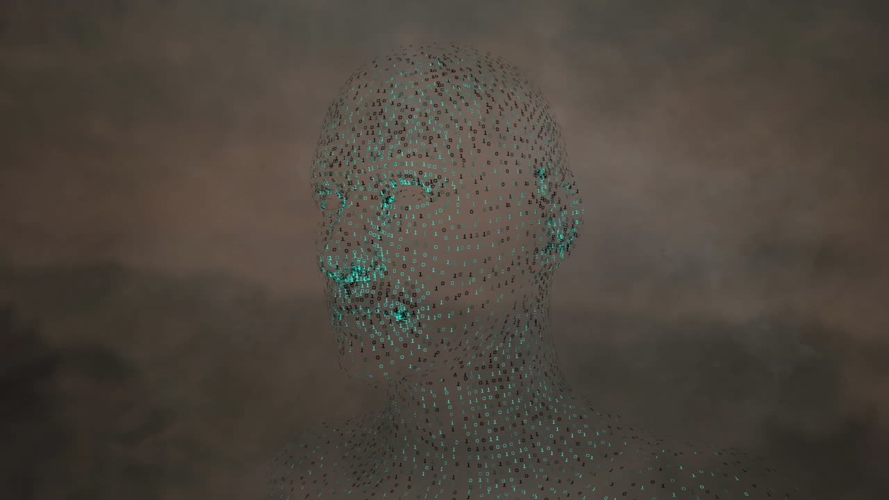 animación de cabeza humana digital sobre humo sobre fondo gris.