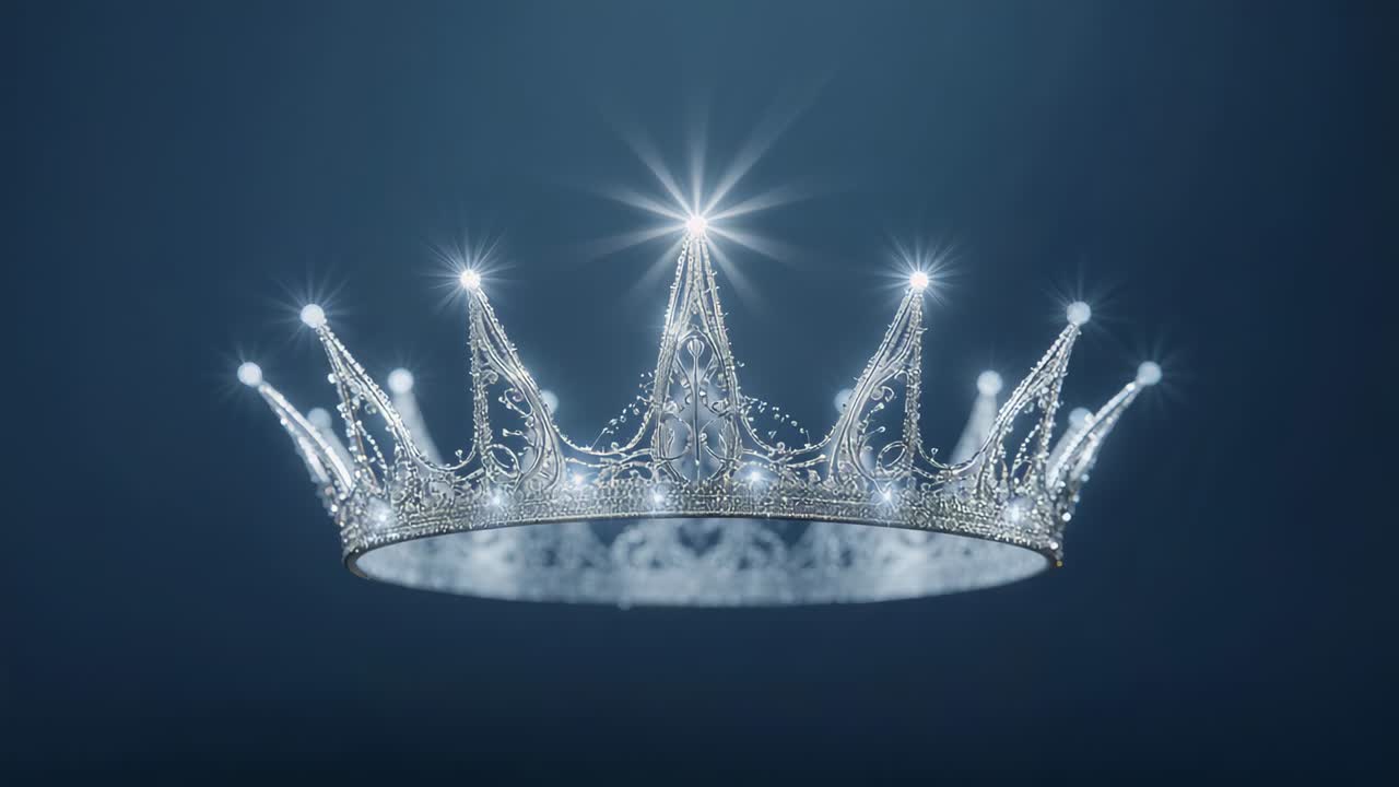 Rising ornate silver crown turning in studio as overhead light intensifying, highlighting jewels