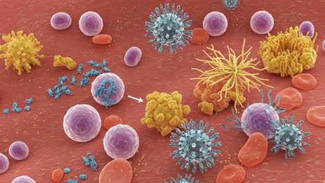 intricate interactions among microscopic entities: a close-up view of blood cells, viruses, and bacteria in the human body showing their dynamic complexity