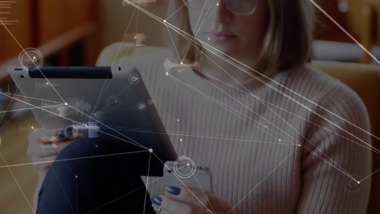 Network of connections against woman with digital tablet using smartphone