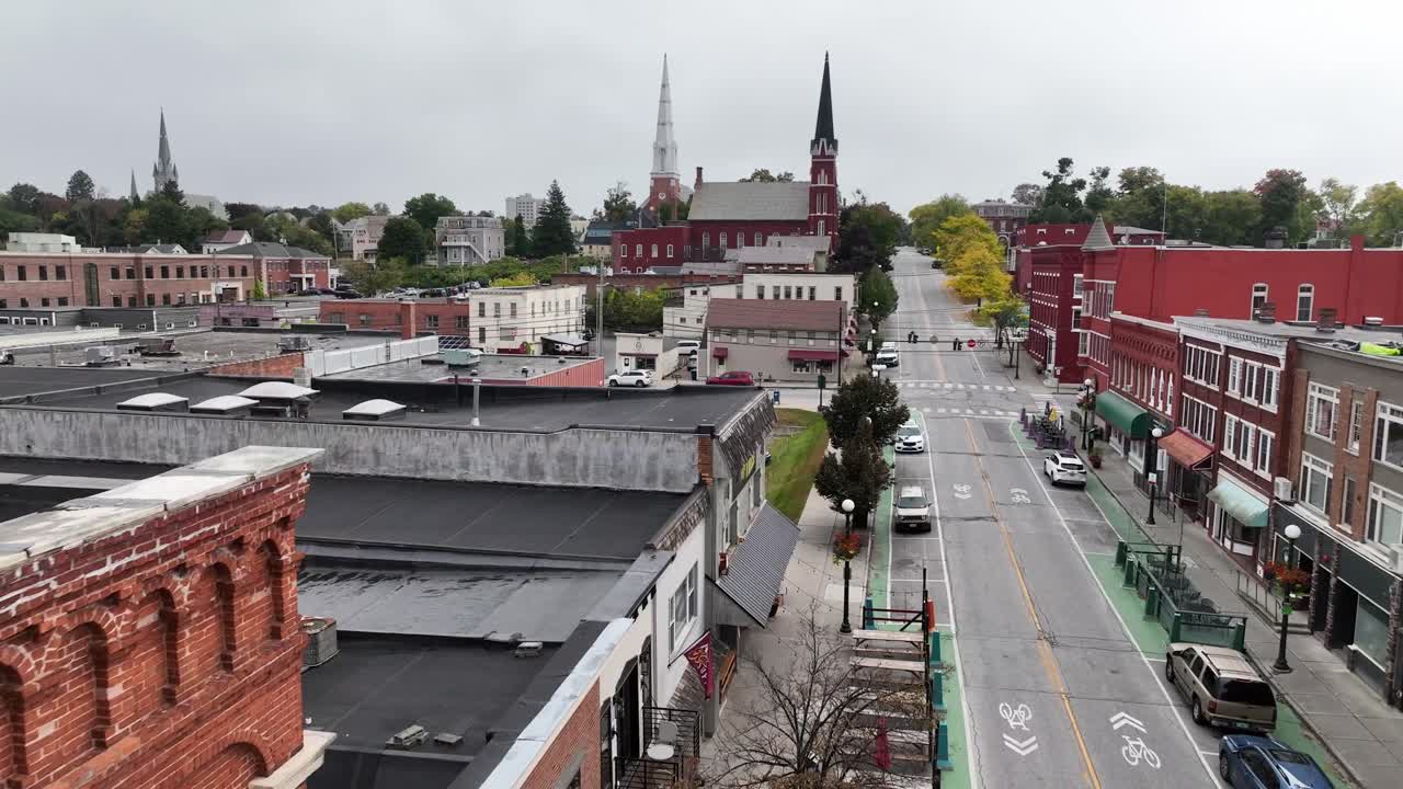 aerial pushing into downtown Rutland Vermont