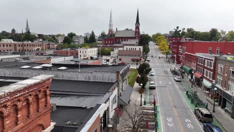 aerial pushing into downtown rutland vermont