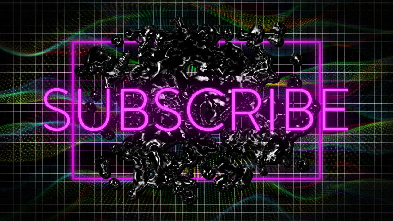 animación de banner de texto de suscripción de neón y forma abstracta líquida contra ondas digitales de gradiente