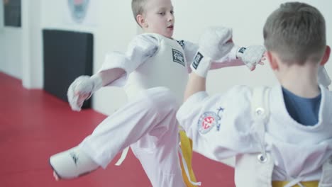 young martial artists in white gi and yellow belts practicing kudo techniques with focus and determination