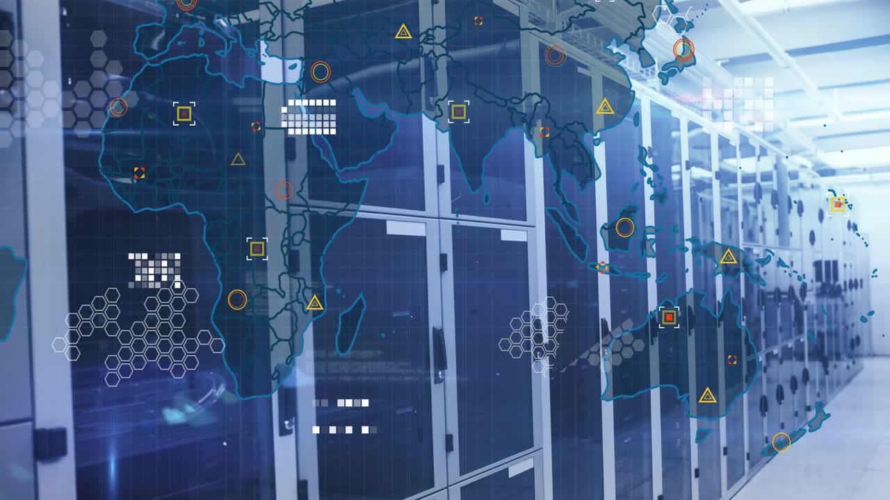 Fading map overlay starting network icons appearing pulsing lines forming display on server racks