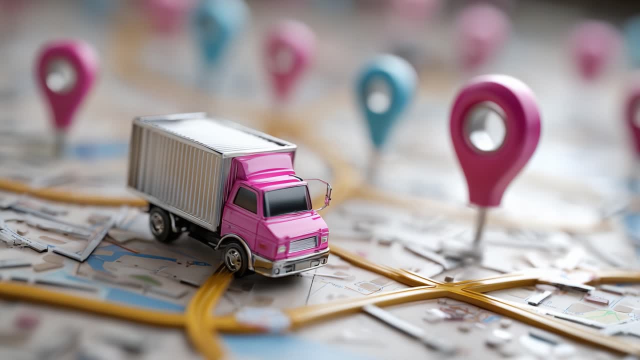 A vibrant pink delivery truck navigates a colorful map, marked with various location pins. The scene illustrates efficient logistics and transportation planning in a playful manner
