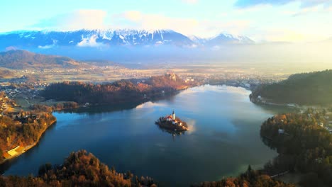 Stunning-4K-aerial-drone-video-captures-Lake-Bled,-Slovenia,-at-sunrise