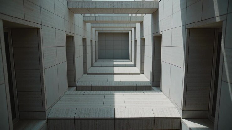 On play camera advancing through atrium corridor, showing skylight shadows on tiled panels