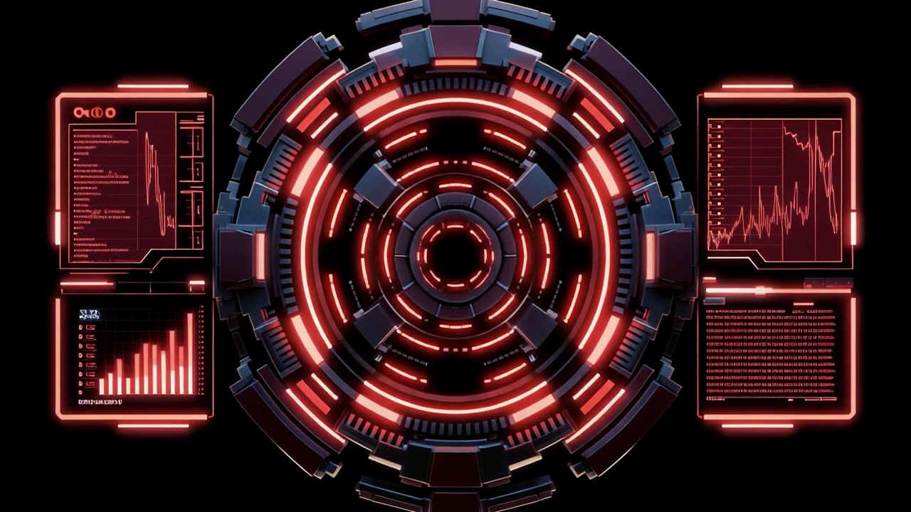 Interfaccia HUD Rossa Futuristica con Elementi Meccanici Rotanti e Grafici di Dati