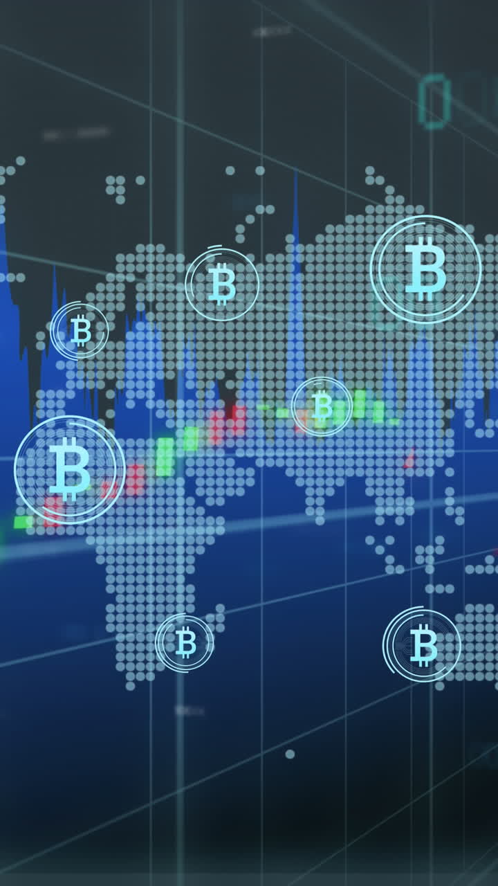 animación del procesamiento de datos y el símbolo de bitcoin sobre el mapa del mundo