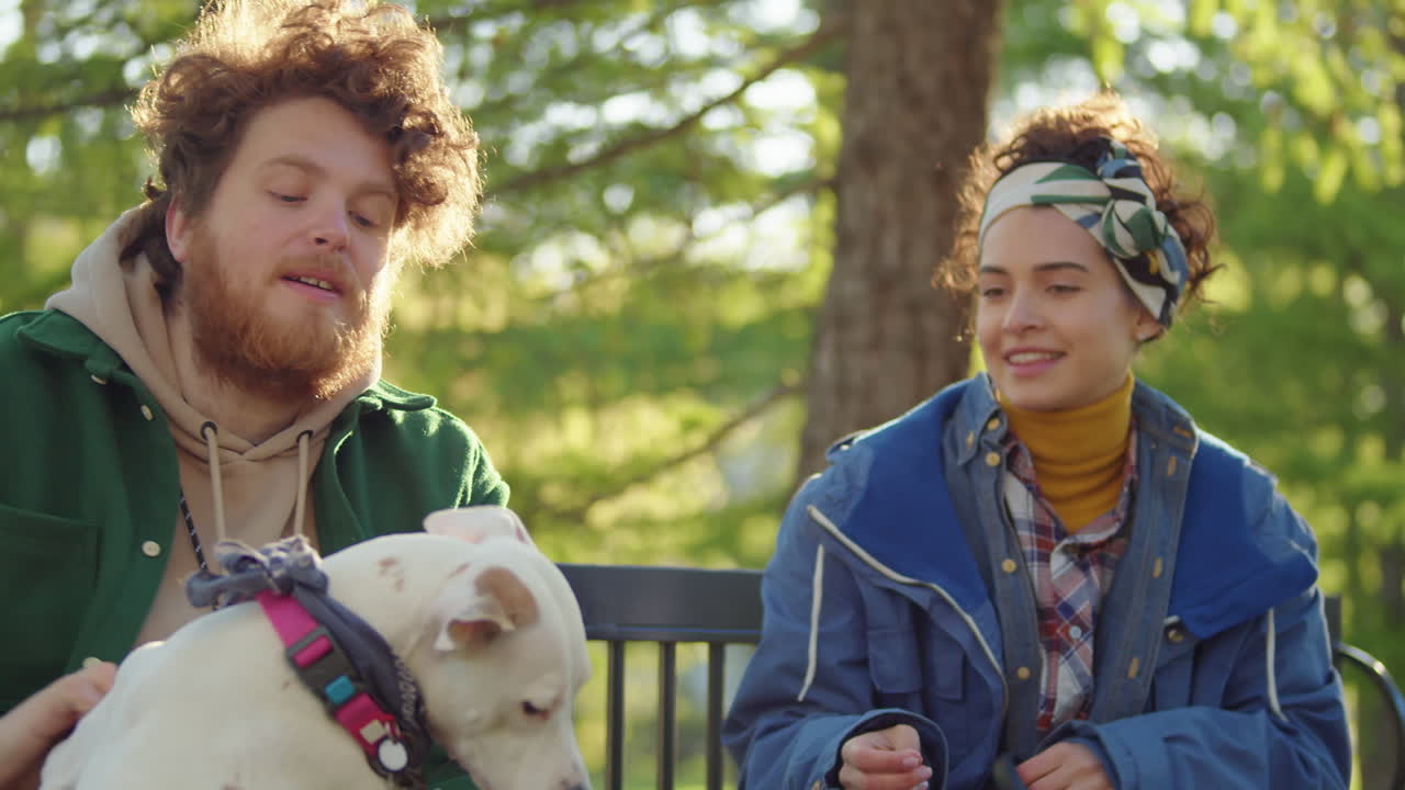 People Petting a Puppy on a Park Bench