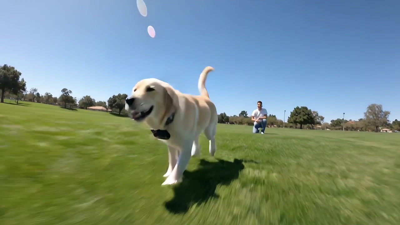 Cane beige che corre verso il proprietario attraverso il parco, dopo che un uomo in maglietta bianca lo ha liberato, con un dispositivo al collare.