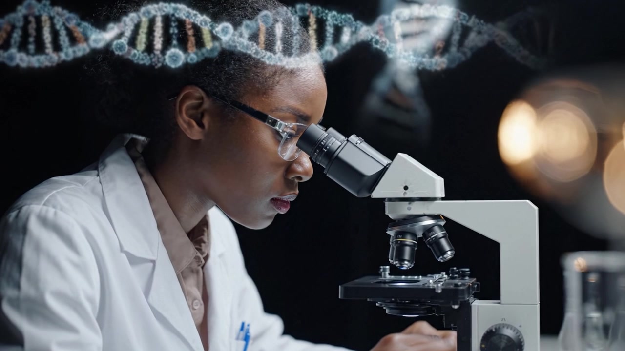 Uno scienziato concentrato esamina campioni microscopici con precisione mentre svela i misteri del DNA, riflettendo l'intersezione tra ricerca e scoperta in biologia.