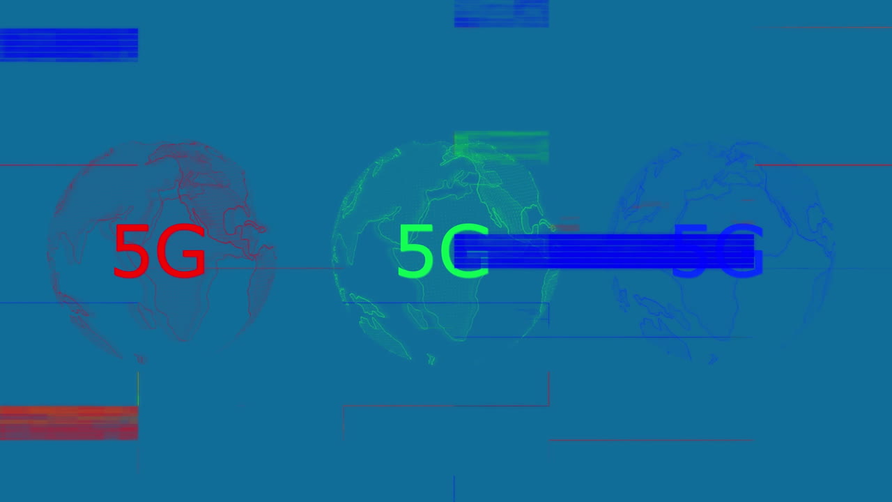 Animations of globes and 5g text over blue background