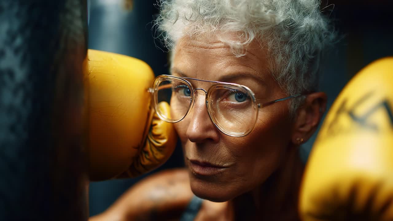 A Resilient Fighter: Capturing the Intensity and Determination of an Older Woman Preparing for a Boxing Match with Focused Gaze and Energetic Spirit in the Gym Environment