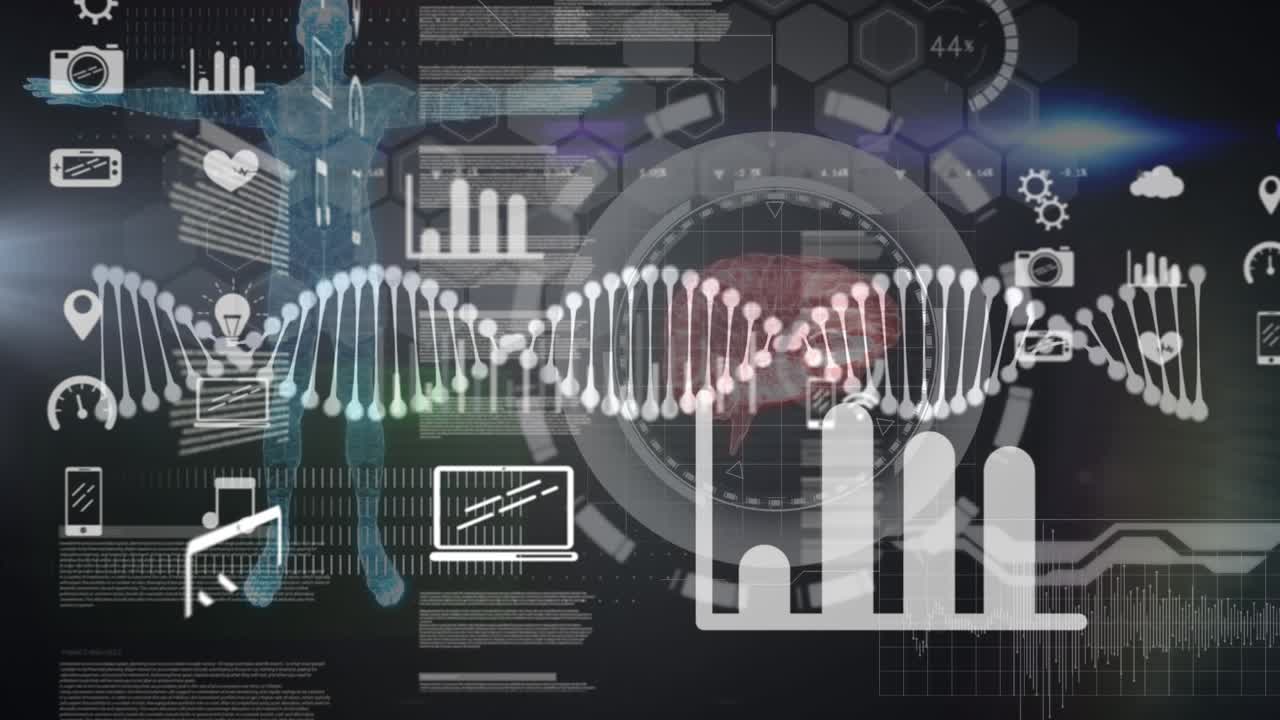 Animation of diverse biological and technical data processing in black space