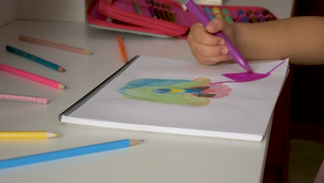 manos de una niña en su mesa dibujando