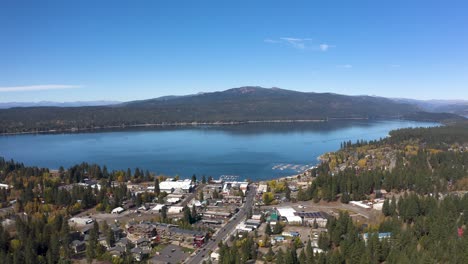 large aerial of payette lake with the town of mccall on the side of the water