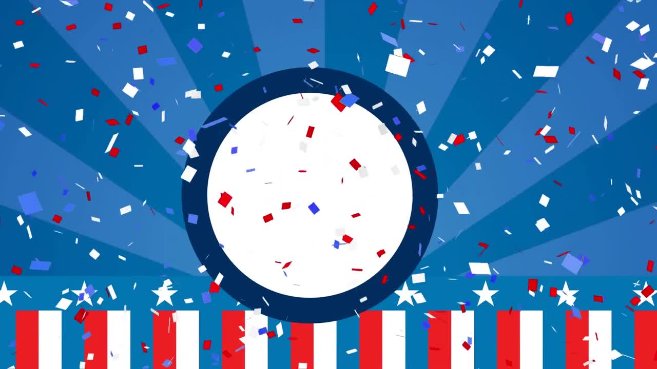 Animation of circle and confetti in red, white and blue of flag of united states of america