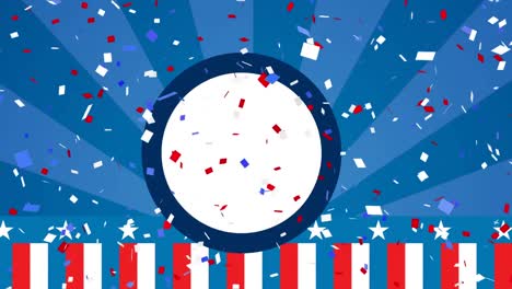 animation of circle and confetti in red, white and blue of flag of united states of america