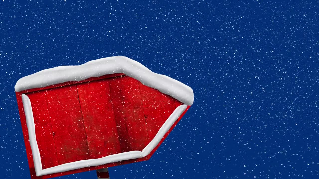 파란색 배경 에 있는 나무 표지판 위 에 내리는 눈 의 애니메이션