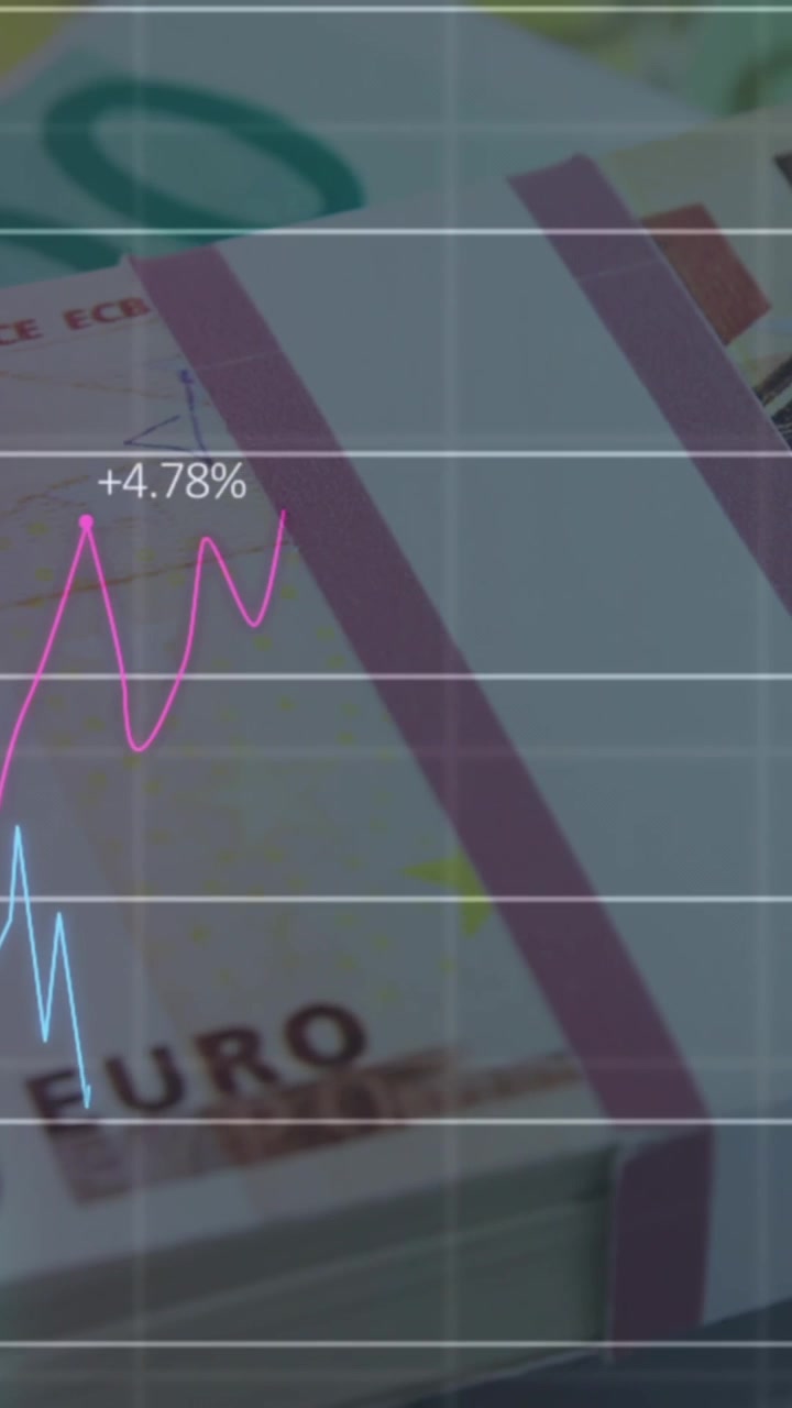 Animation of financial data processing over euro banknotes
