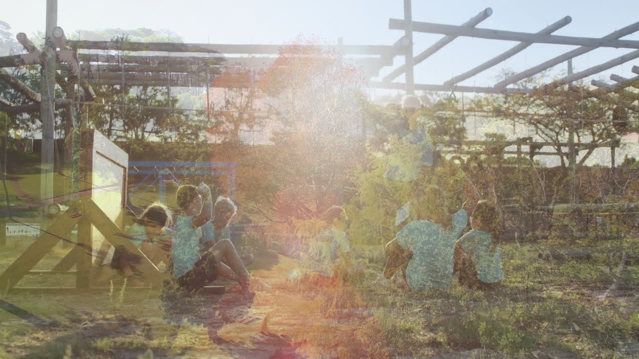 Playing on playground, children enjoying animation with colorful light effect