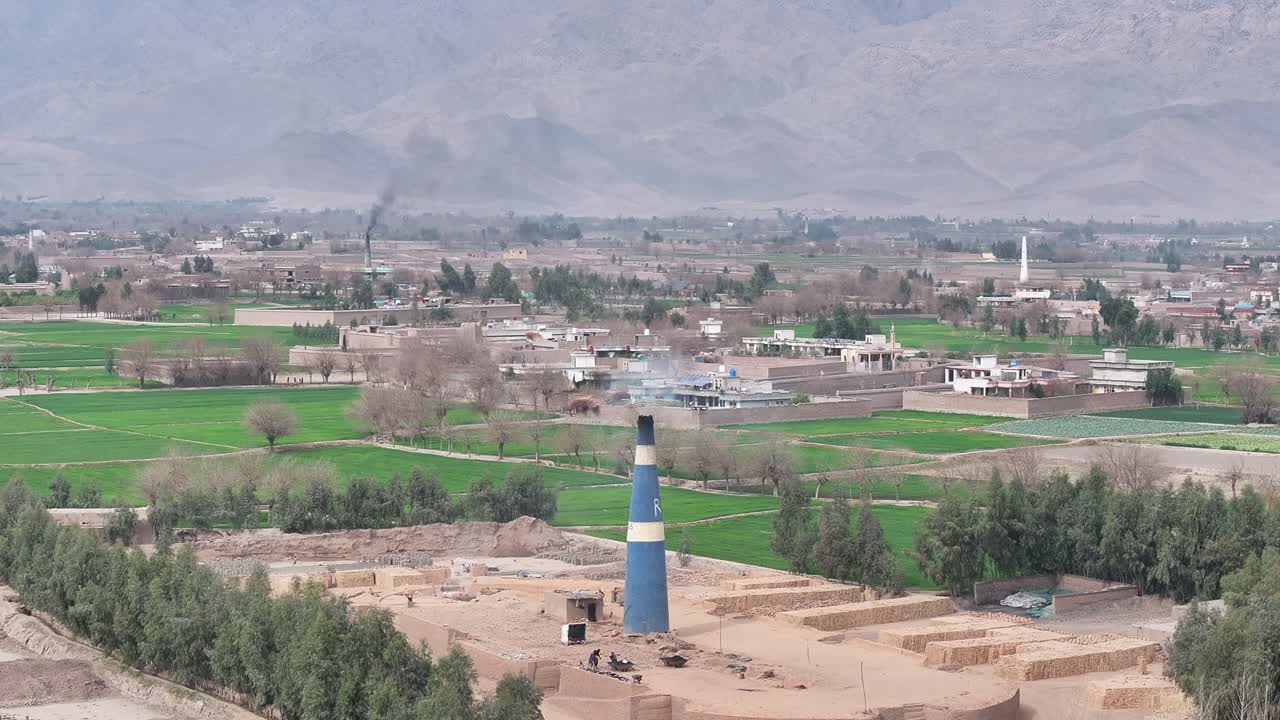 Outdoor brick factory bakery in Afghanistan rural development, Nangahar, drone aerial