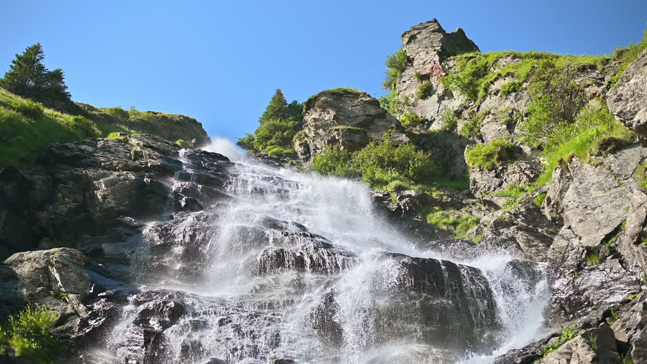 Romanya'da doğa manzarası. Karpat dağları, etrafında yemyeşil orman bulunan şelale