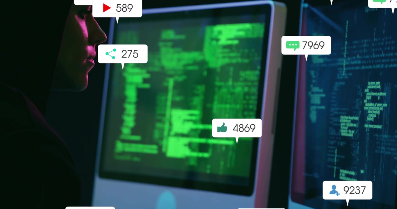 Developer typing code starting social metrics icons floating on dual monitors monitoring engagement