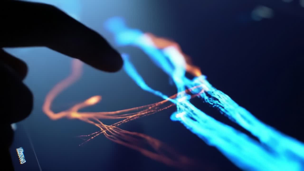 A finger glides across a touchscreen, creating vibrant light patterns in blue and orange.