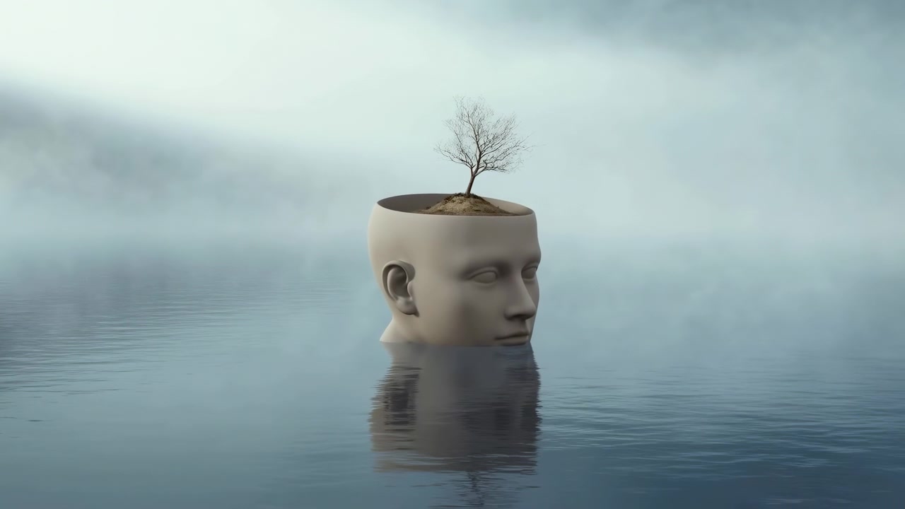 Vaso a testa solitario galleggiante sull'acqua, lago nebbioso, piccolo albero spoglio che cresce da un cranio esposto, colori smorzati