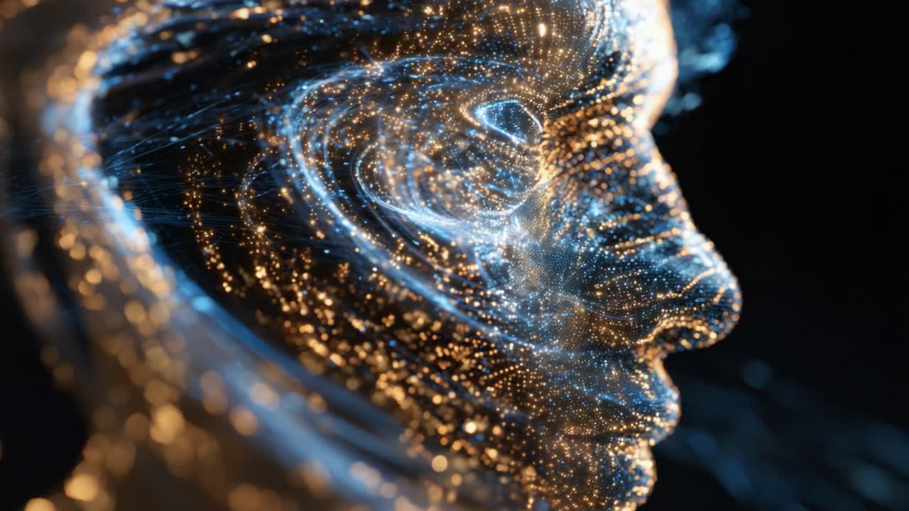 A mesmerizing visualization of the human face depicted through swirling particles and luminescent energy, conveying a blend of technology, emotion, and the vastness of the universe in a stunning digital representation