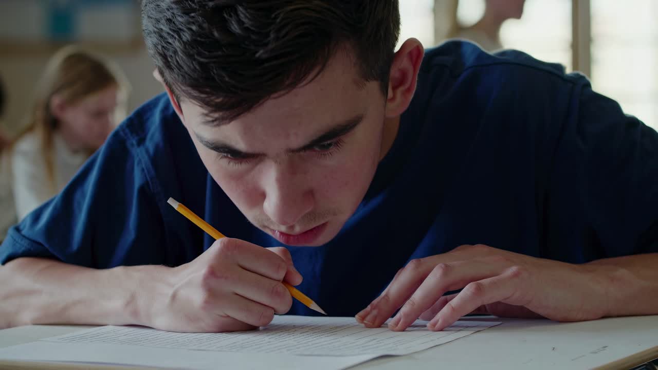 Close-up angle of a focused student writing in a classroom setting, capturing an intense study