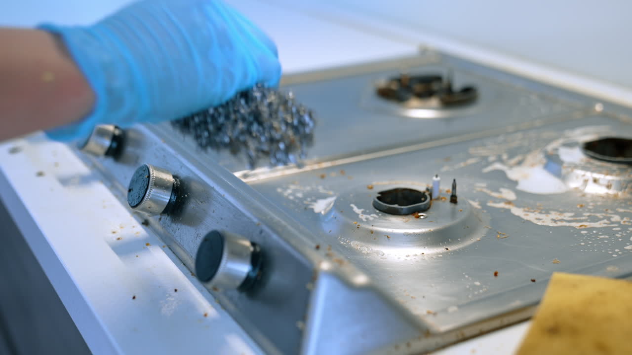 Kitchen cleaning process in progress. A person wearing gloves scrubs a dirty stove top in a modern kitchen. Food debris and stains are visible