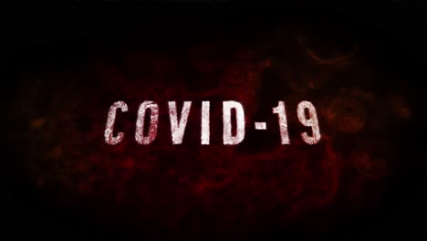 scary animation of “covid-19” text and corona virus under microscope red and dark orange background, with the camera looking up and panning in to reveal the text at a dramatic angle