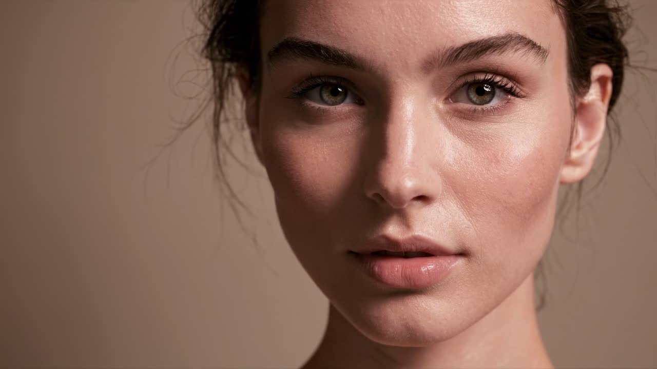 Close-up portrait of a woman with flawless skin, soft lighting, and neutral background