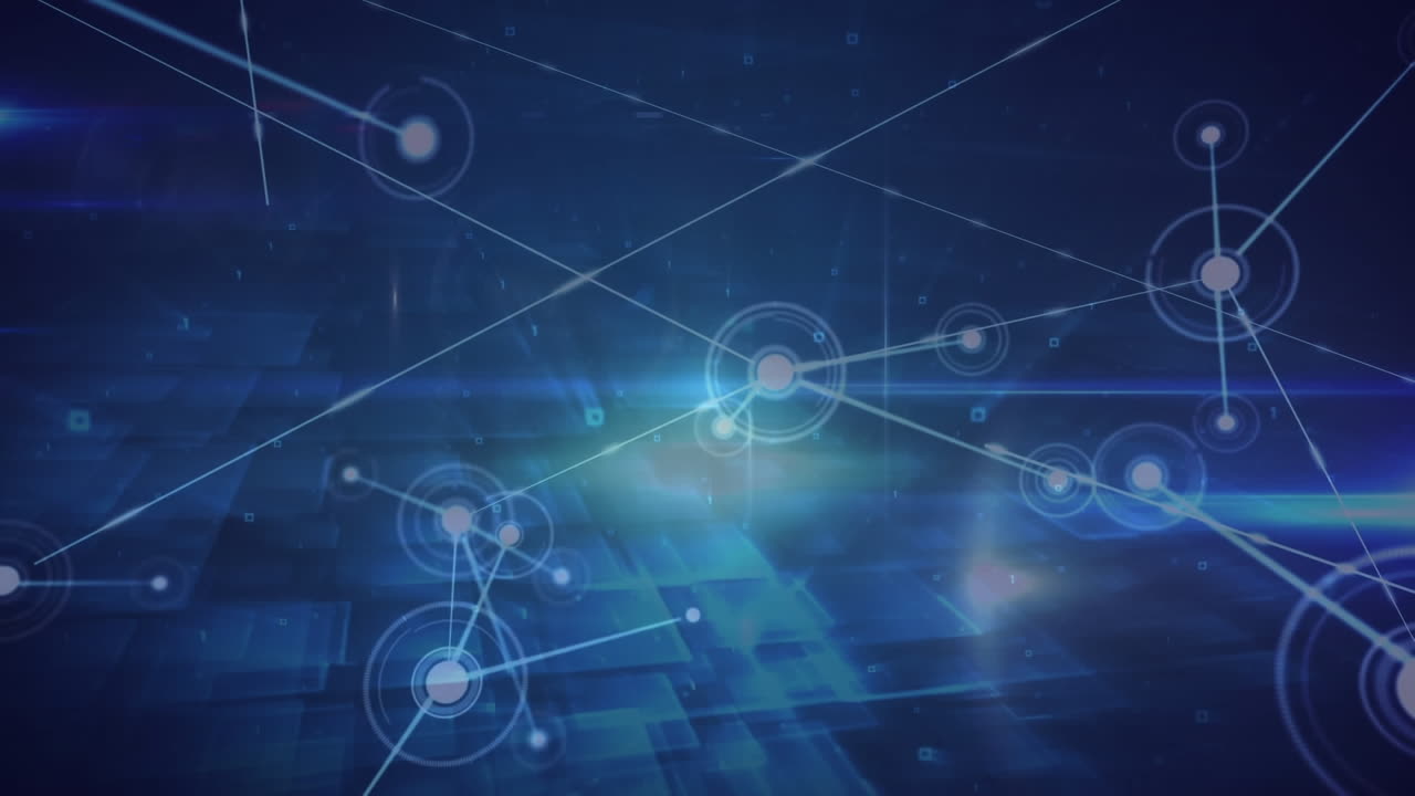 animación de la red de conexiones sobre puntos de luz y formas cuadradas contra un fondo azul.