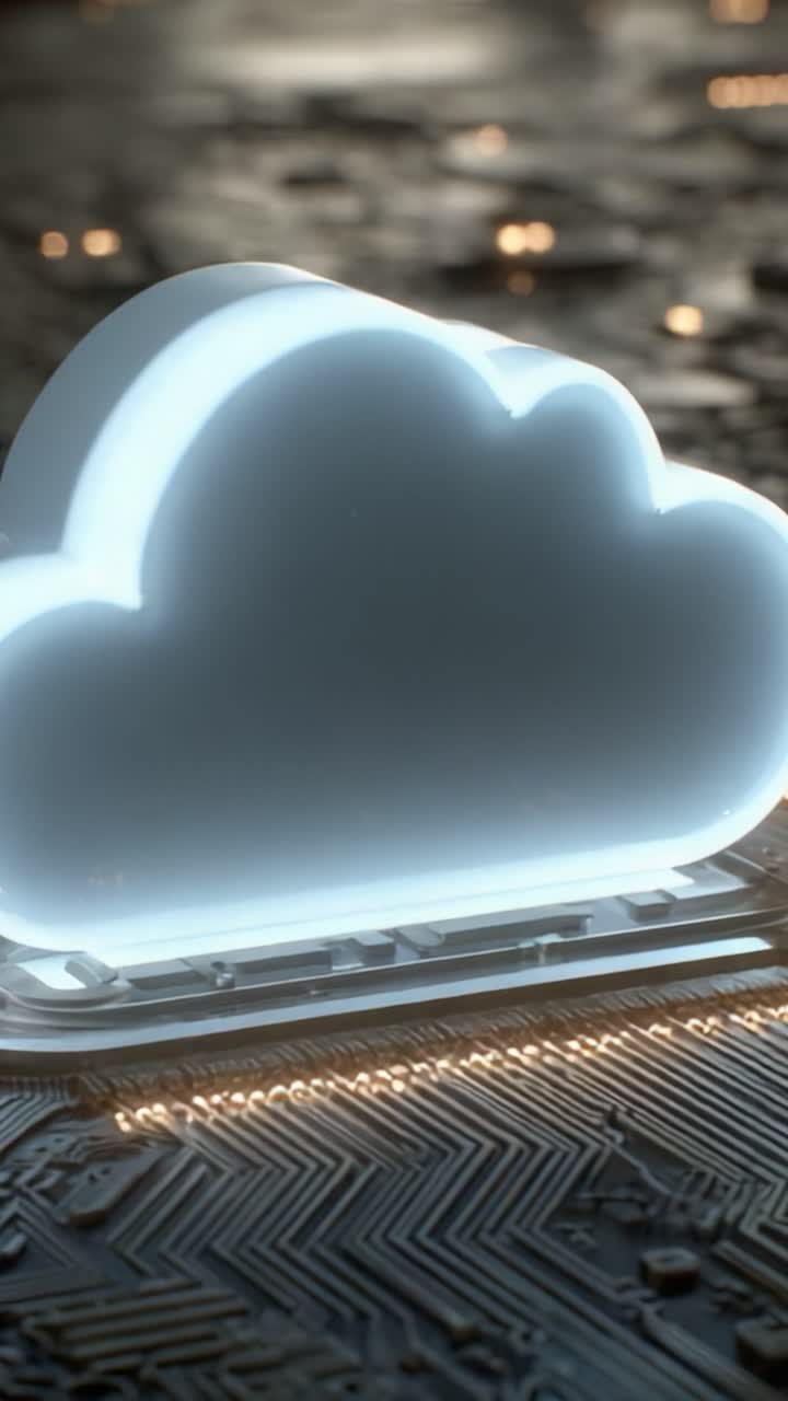 Rappresentazione artistica di un'icona cloud moderna che si illumina su un circuito stampato, a simboleggiare la connettività digitale e l'innovazione tecnologica nell'era dell'informazione