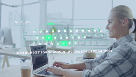 Animación-Del-Procesamiento-De-Datos-Sobre-Una-Mujer-De-Negocios-Caucásica-Usando-Una-Computadora-Portátil-En-La-Oficina