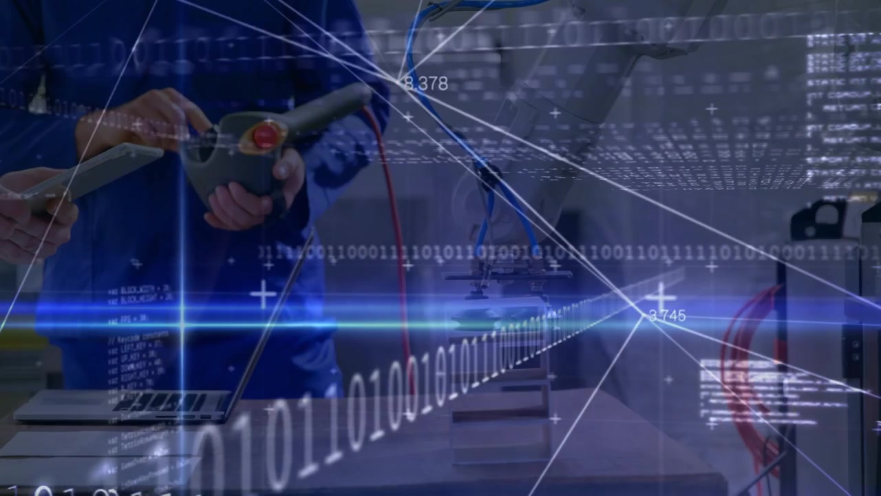 Animation of data processing over caucasian workers repairing