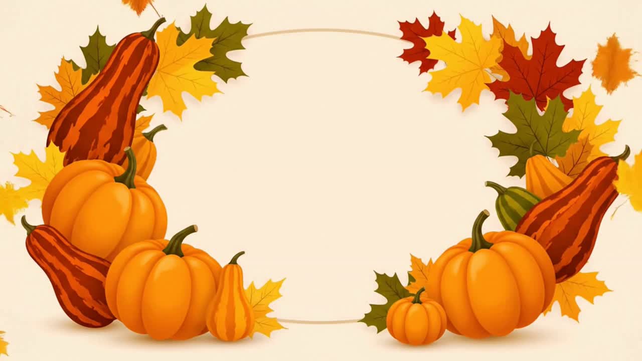 Autumnal frame with pumpkins and falling leaves for Thanksgiving or Halloween