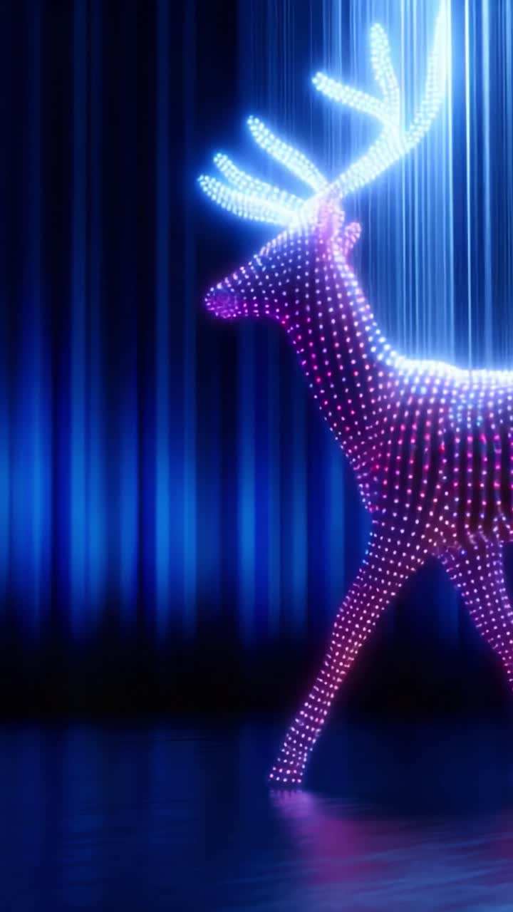 A Spectacular Display of a Luminescent Deer Illuminated with Colorful LED Lights, Creating a Magical Atmosphere in a Dimly Lit Environment with Glowing Flares and Reflections for an Enchanting Scene