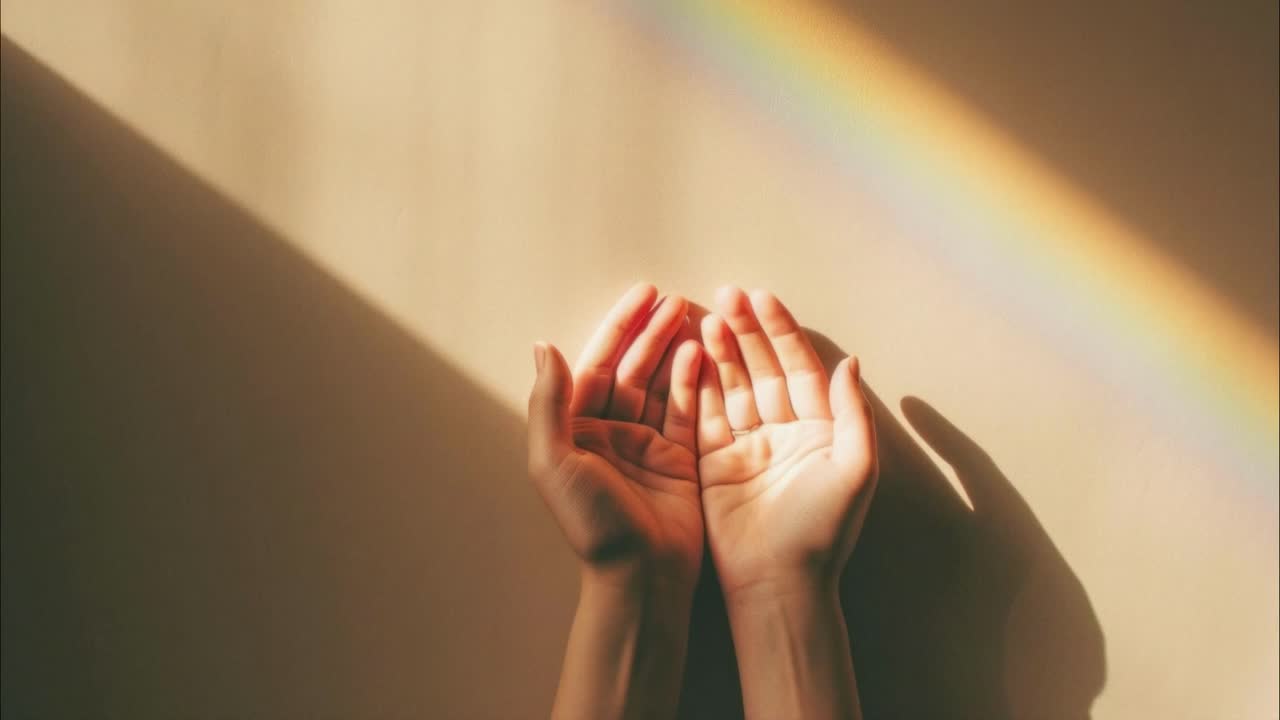 Hands cupped under a rainbow light, captured from a top-down angle