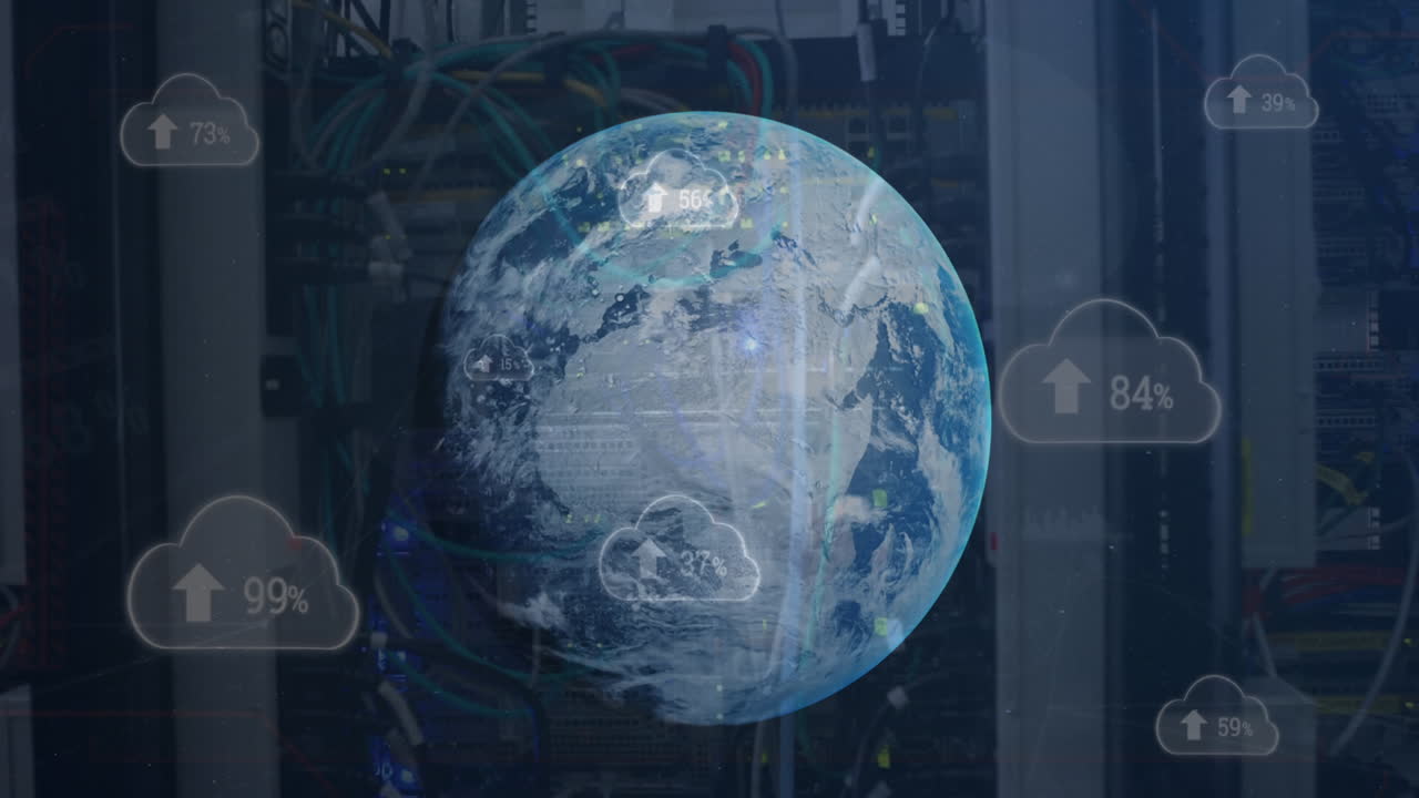 Animation of changing numbers and arrow in clouds and globe over back panel of server rack