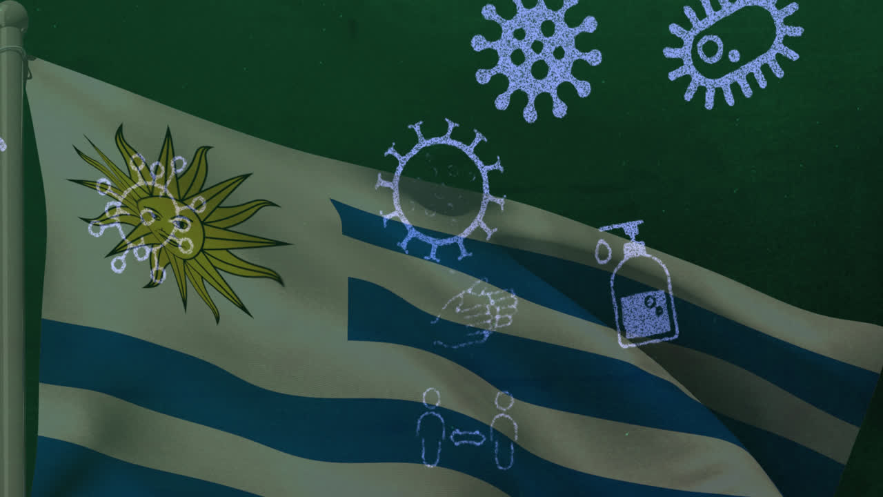 animación de células del virus covid 19 e iconos digitales sobre la bandera de uruguay